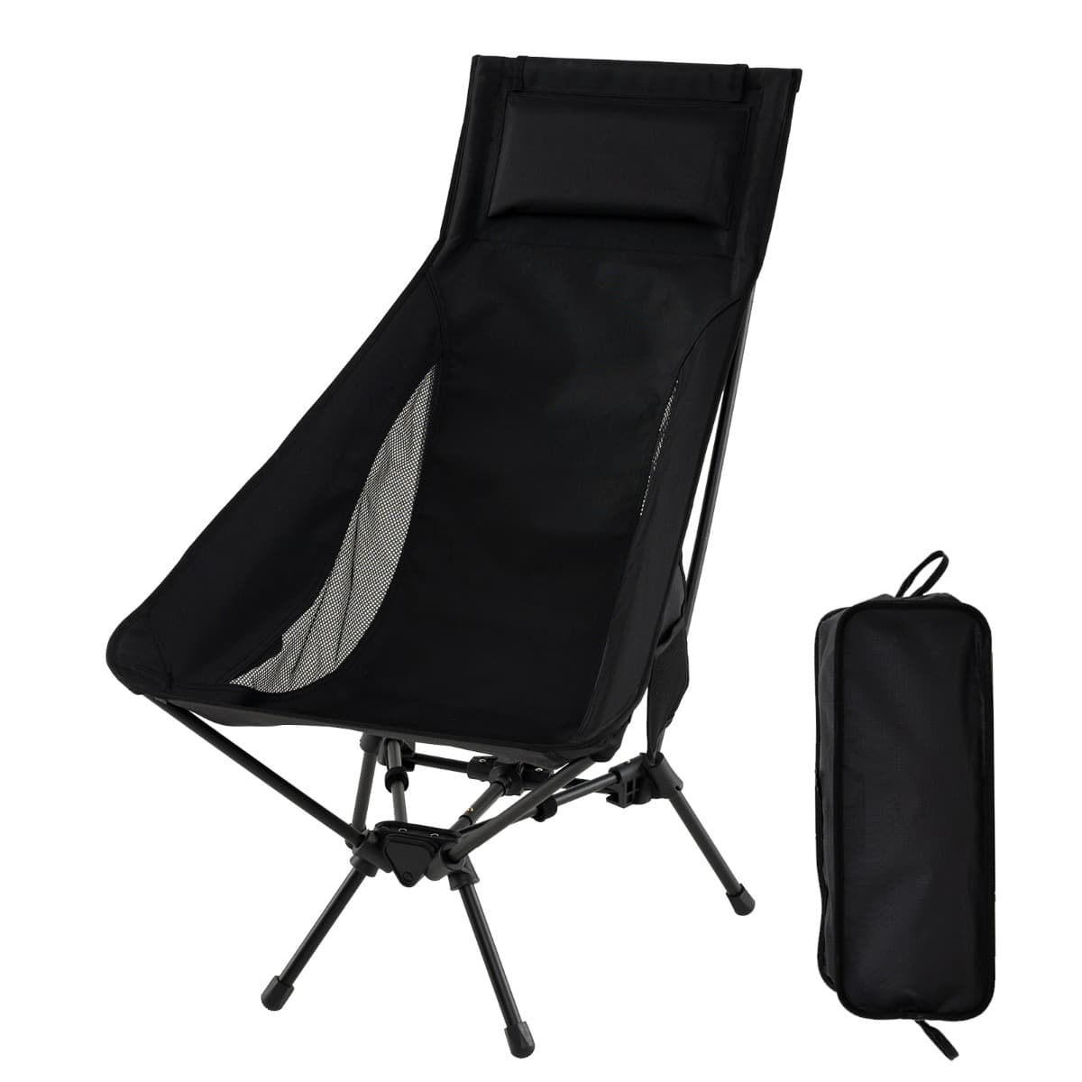 CostwayChaise de Camping Portable Dossier Haut Chaise Extérieure Légère et Pliable avec Sac de Transport Compact Oreiller Charge 150 KG Noir