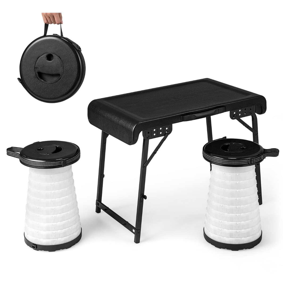 CostwayEnsemble de Table et 2 Tabourets Pliants Extérieur Tabouret LED Rétractables avec 3 Effets de Lumière pour Camping Pêche Noir