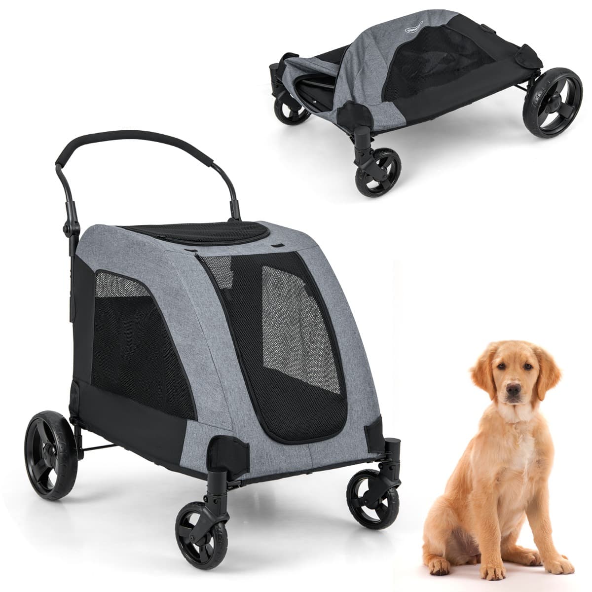 CostwayPoussette pour Chiens de Taille Moyenne et Grande 4 Roues Pliables avec Porte d'Entrée 67 x 98 x 88 cm Charge 60 Kg Gris